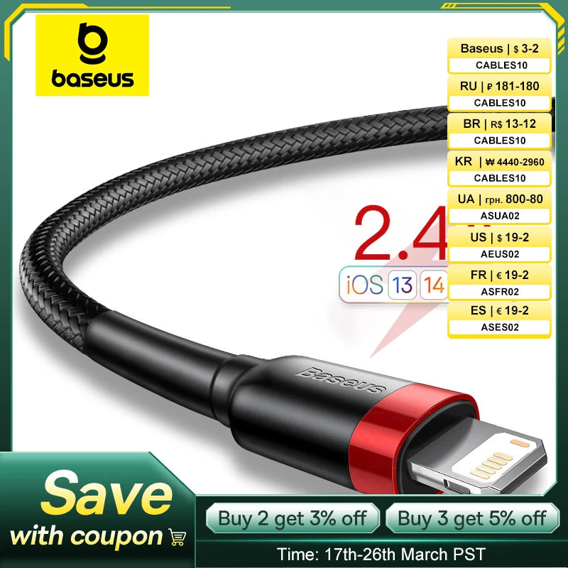 Baseus USB Cable for iPhone14 13 12 11 Pro Max Xs X 8 Plus Cable 2.4A Fast Charging Cable for iPhone Charger Cable USB Data Line