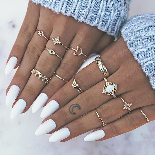 13 Pcs/set Bohemian Vintage Gems Crown Star Moon Exquisite Joint Ring