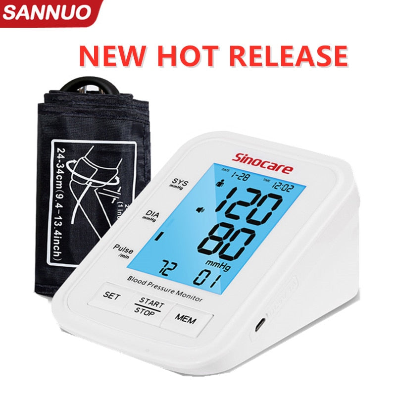 Sinocare Blood Pressure Monitor Tensiometer Upper Arm Automatic Digital BP Machine Pulse Heart Rate Meter 3 Color LCD Display