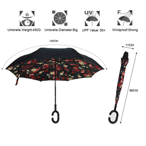 Windproof Reverse Folding Double Layer Inverted Chuva Umbrella Self Stand Inside Out Rain Protection C-Hook Hands For Car