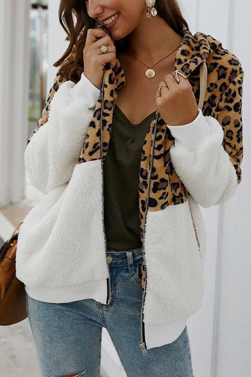 Leopard Zip-Up Patchwork Hooded Coat(5 Colors)