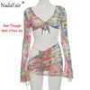 Nadafair Tie Dye Beach Sexy Dress Women Two Piece Set Club Outfits Long Sleeve Crop Tops And Mini Skirts Bodycon Summer Dress